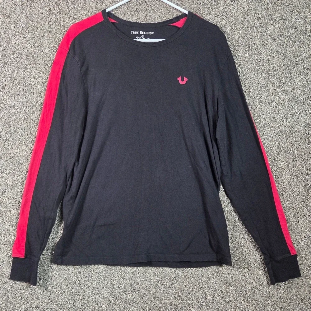True Religion Long Sleeve Tee Mens S Black Red Stripe Horseshoe Logo 104235